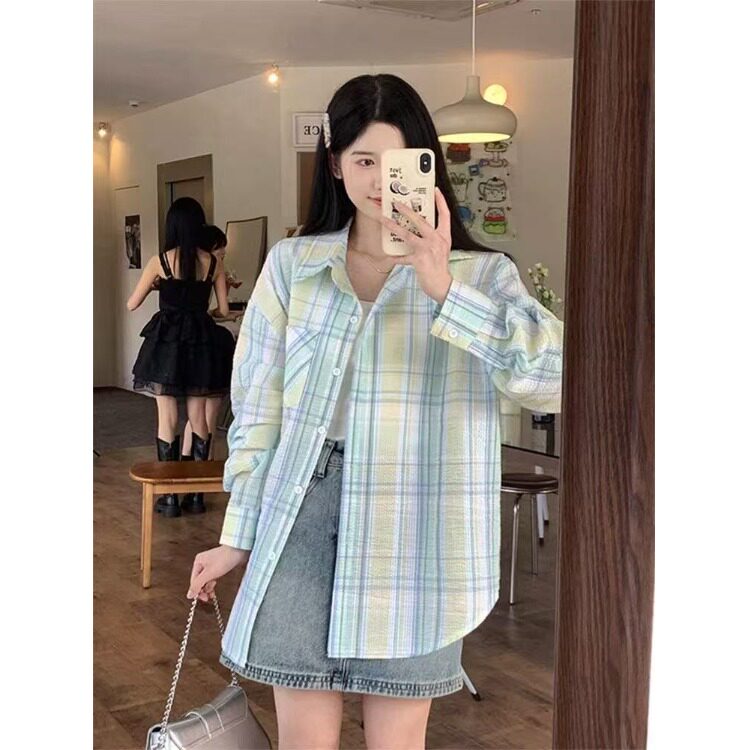 薄荷绿外套格子韩系衬衫宽松长袖慵懒新款夏季设计曼波风防晒上衣