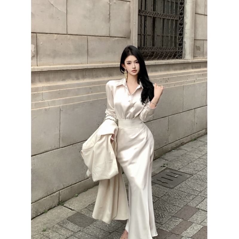御姐高级感套装气质缎面polo领收腰衬衫女秋季鱼尾半身裙子两件套