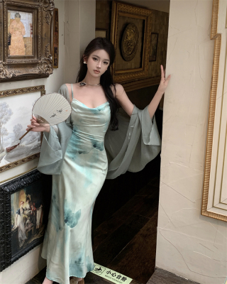 法式新中式气质裙子吊带连衣裙女夏水墨画鱼尾裙防晒衣两件套套装