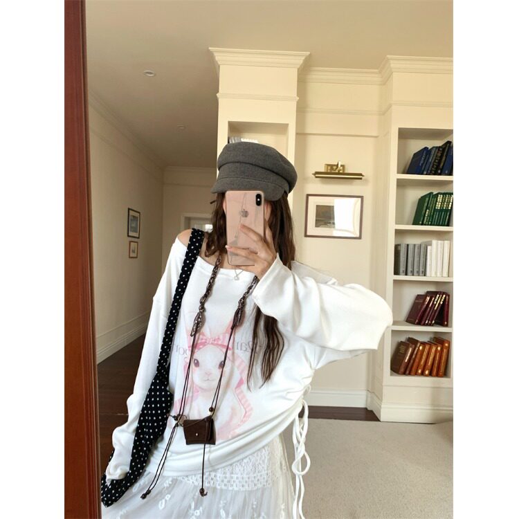 甜酷风斜肩长袖t恤女早秋宽松显瘦设计感抽绳防晒罩衫外穿上衣潮