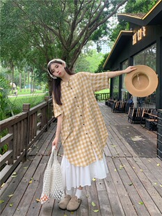 格子单排扣连衣裙女夏季2024新款韩系宽松休闲减龄短袖叠穿长裙子