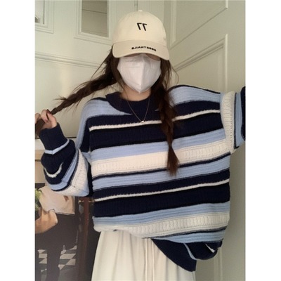 秋冬韩版学院风撞色条纹麻花毛衣