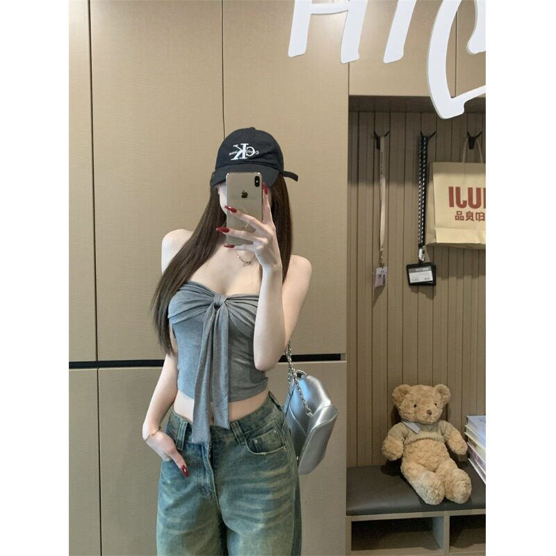 蝴蝶结系带抹胸背心新款夏季纯欲风修身性感胸内红色辣妹上衣外穿