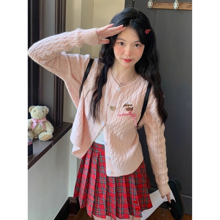 韩系学院风粉色毛衣麻花针织开衫