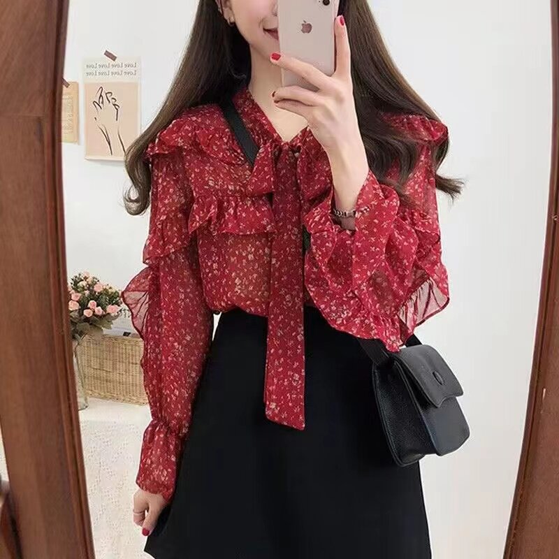 红色雪纺上衣女长袖时尚2026春小衫新款碎花衬衫女超仙洋气打底衫