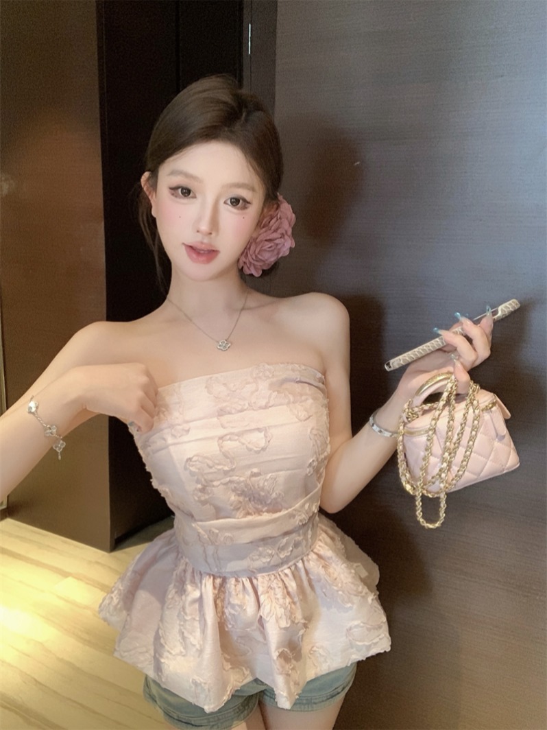 纯欲辣妹温柔风刺绣钩花无袖夏季新款抹胸褶皱修身气质花苞上衣