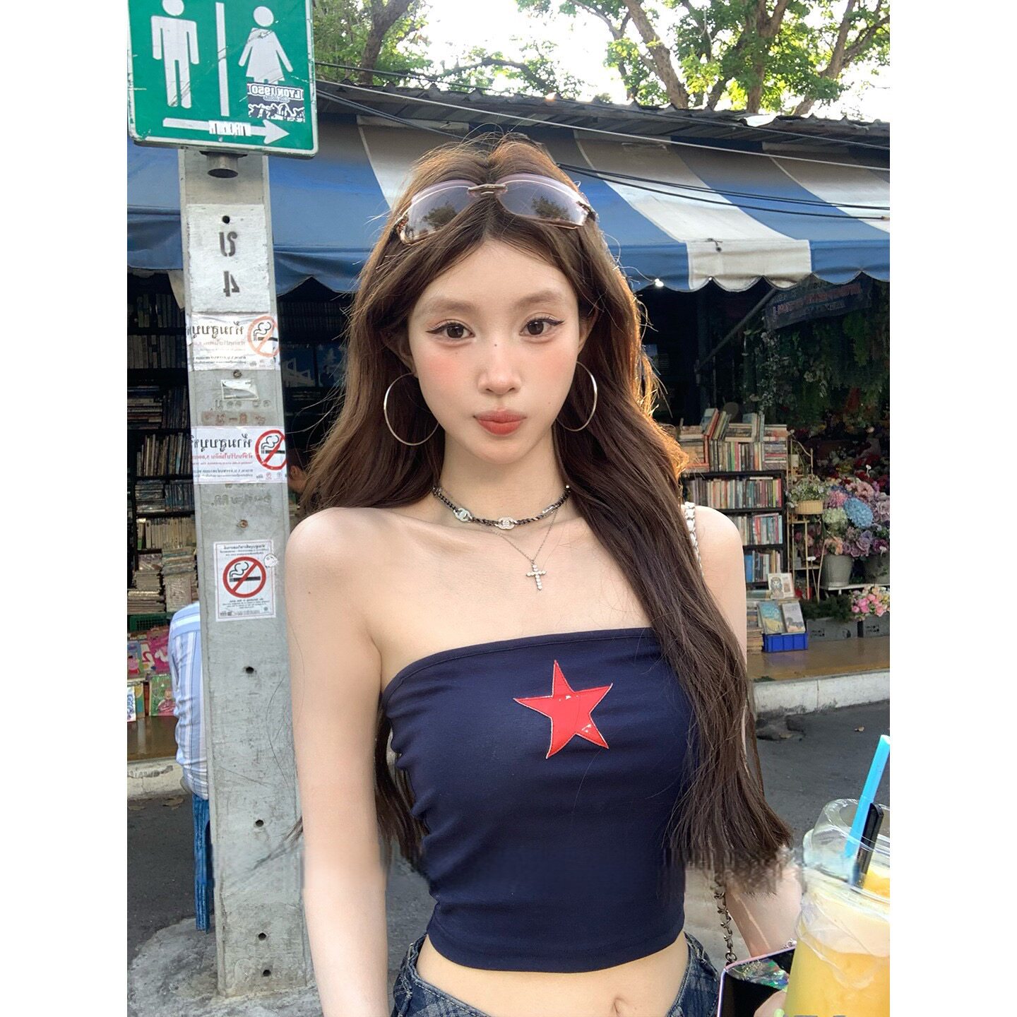 美式新款修身显瘦辣妹风星星印花抹胸夏季女装性感短款上衣潮女