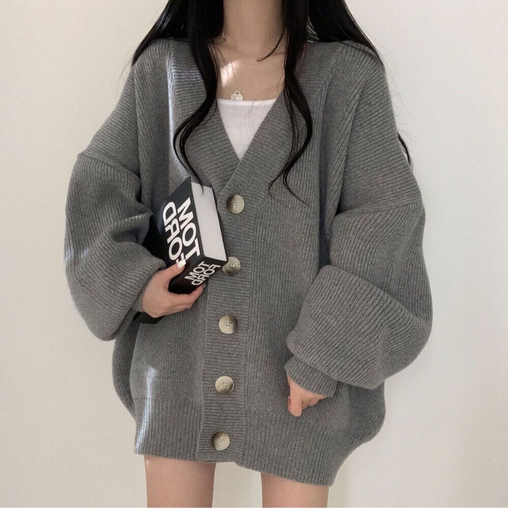 2026春秋新款慵懒风灰色针织开衫女学生韩版百搭宽松开春毛衣外套