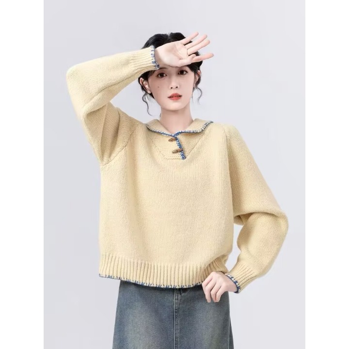 2025牛角翻领毛衣秋冬设计新款撞色宽松软加厚百搭针织衫内搭上衣