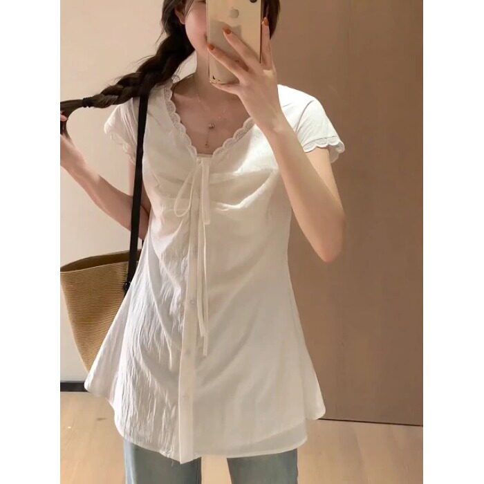 法式白色蕾丝拼接马蹄袖显瘦衬衫
