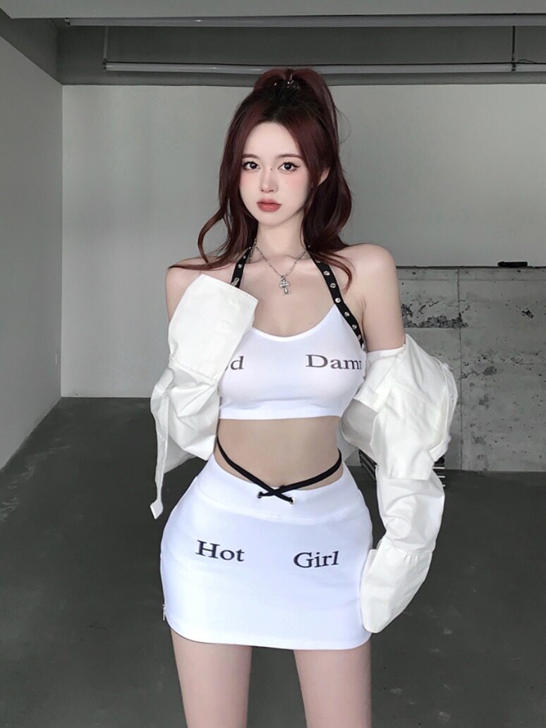 欧美风性感辣妹挂脖短款上衣+绑带高腰半身包臀裙短裙子女两件套