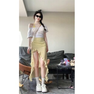 浪漫法式不规则碎花半身长裙女夏季新款荷叶边韩系复古开叉裙