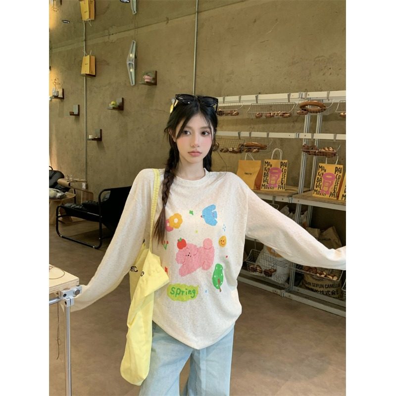 白色印花V领长袖t恤女2026夏季新款防晒罩衫宽松显瘦慵懒风小上衣