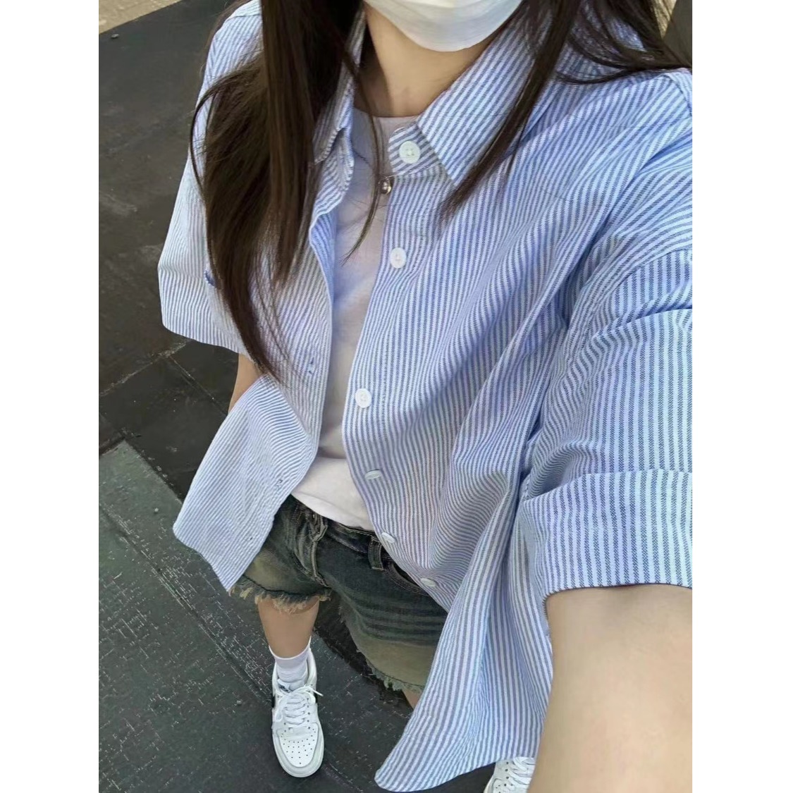 夏季新款深蓝色条纹衬衫短袖女日系小清新宽松百搭衬衣显瘦上衣潮