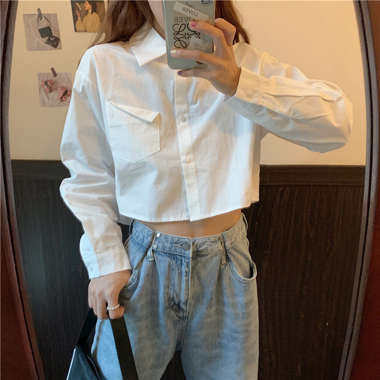 POLO领设计感短款学生白衬衫女
