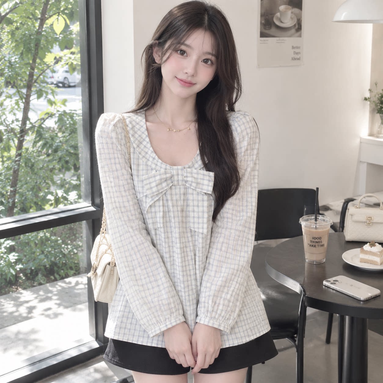 秋冬格子长袖蝴蝶结显瘦衬衫女