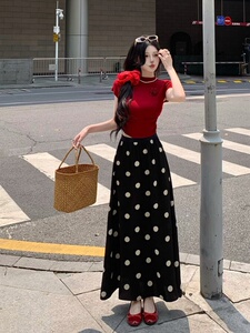 夏季茶系法式复古高级红色上衣波点半身半身裙长裙两件两件套套装