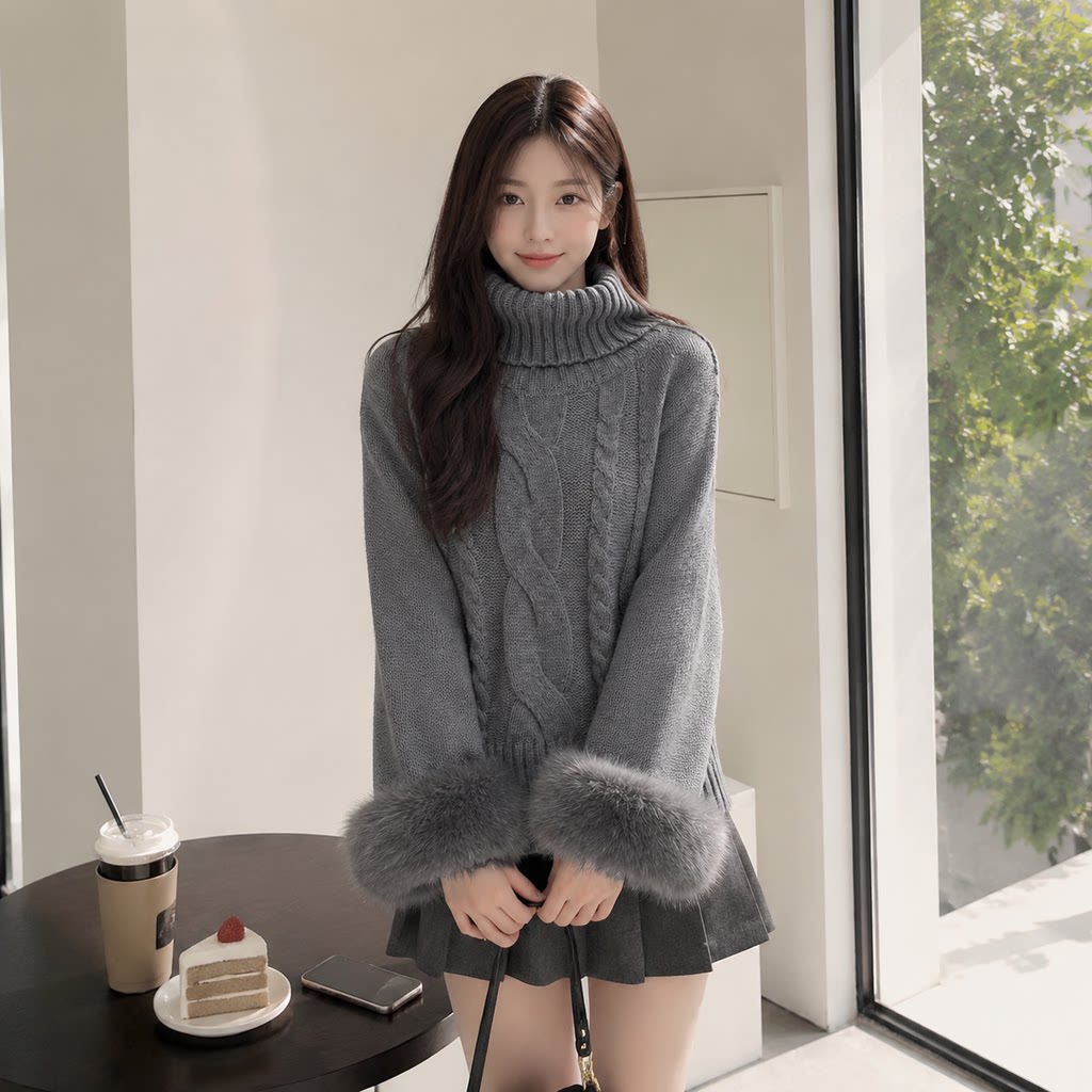 韩系高领毛毛袖显瘦毛衣女秋