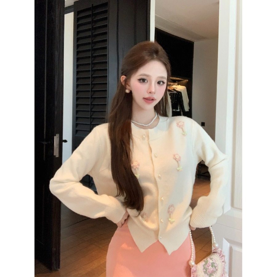 软糯慵懒风立领花朵粉色毛衣外套女秋冬宽松减龄短款针织开衫上衣