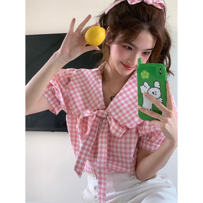 娃娃领格子泡泡袖衬衫女夏季2026新款设计感小众法式甜美韩系上衣