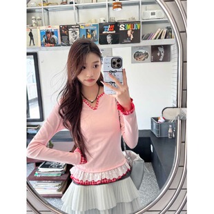 蕾丝边拼接长袖T恤上衣女春款2026新款小个子纯欲修身内搭打底衫