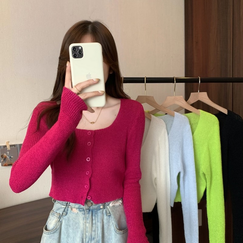 纯欲风上衣春秋2025年新款chic气质方领修身显瘦短款长袖针织衫女