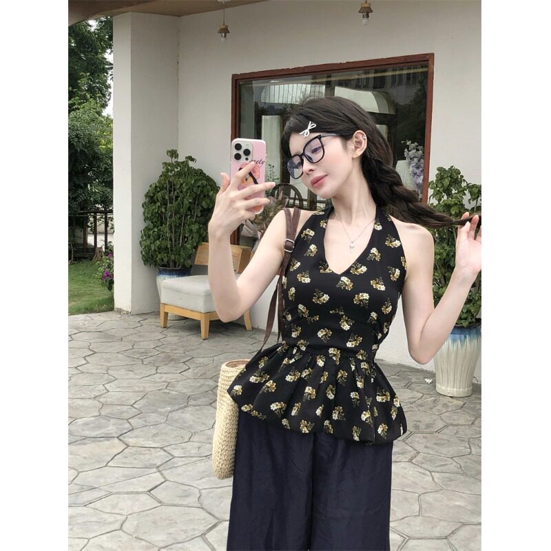 夏季辣妹碎花挂脖显瘦吊带