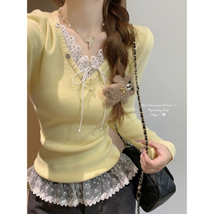 蕾丝v领假两件长袖德绒衫女秋冬保暖内搭打底设计感气质修身上衣