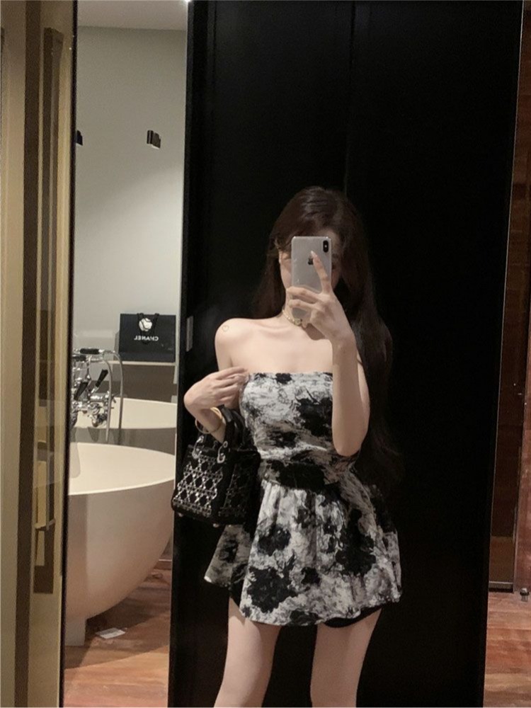 水墨画扎染印花抹胸上衣女修身小众辣妹外穿无肩带背心夏季设计感