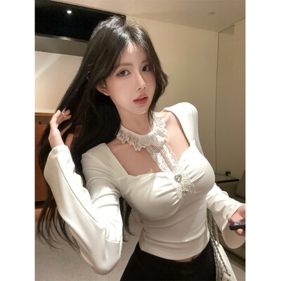初恋感白月光蕾丝挂脖上衣女秋冬纯欲性感气质方领长袖T恤打底衫