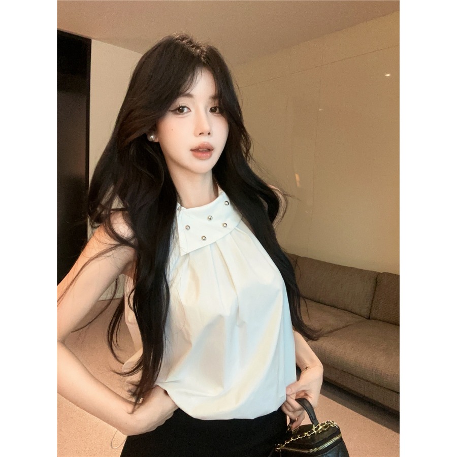 露肩挂脖钉珠背心女2025夏季新款外穿宽松遮肚子无袖娃娃衫上衣潮