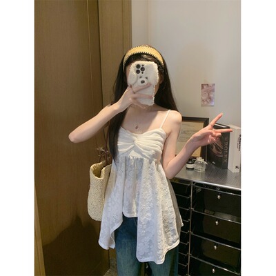 度假风纽结V领蕾丝小吊带女夏季新款不规则下摆设计掐腰抹胸背心