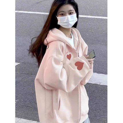 粉色开衫卫衣女秋冬加绒加厚感宽松学生潮ins慵懒风拉链连帽外套