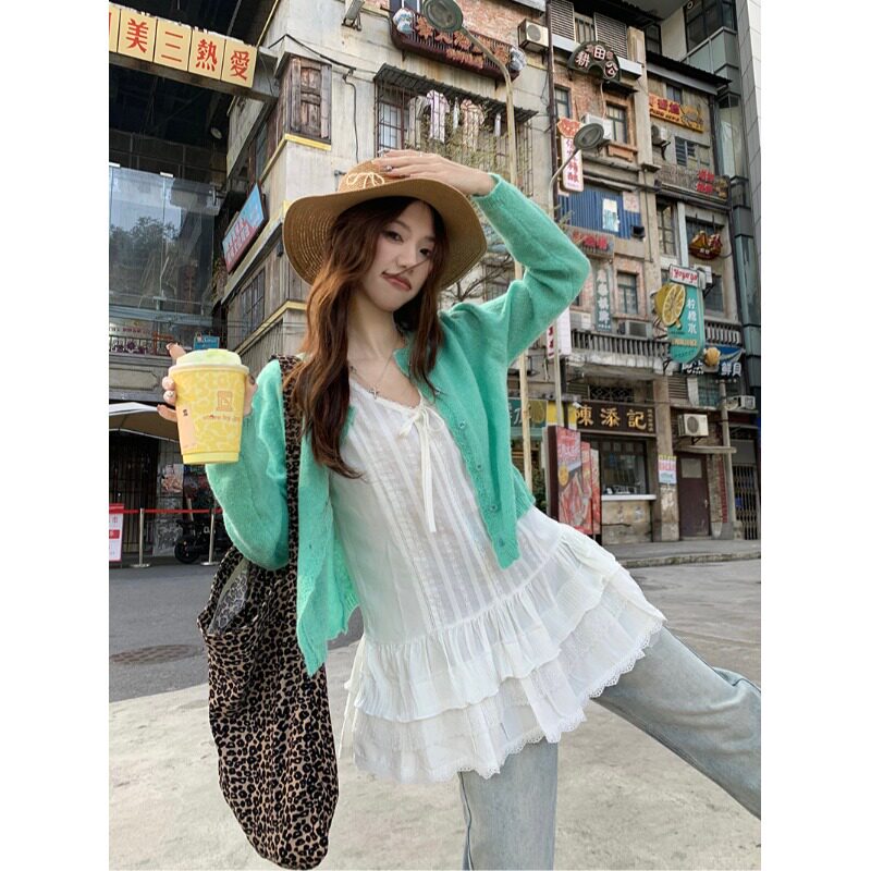 少女感甜美蕾丝蛋糕下摆无袖背心裙女夏季中长款叠穿宽松吊带上衣