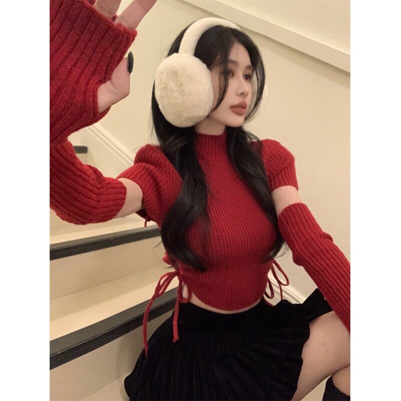 红色半高领绑带短袖针织衫女秋冬季纯欲紧身短款毛衣辣妹袖套上衣