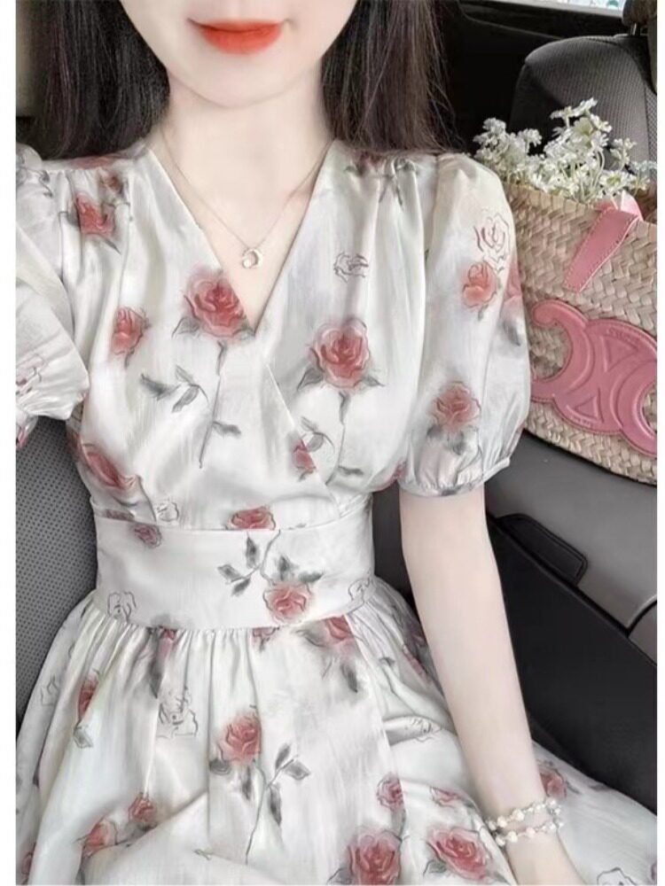 气质玫瑰花一片式夏简约绑带短袖长裙茶歇法式纯欲风森系初恋裙
