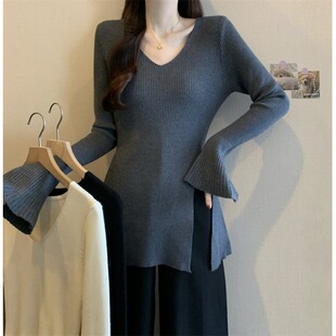 大码法式喇叭袖针织打底衫女秋冬胖mm遮肉显瘦v领毛衣不规则上衣
