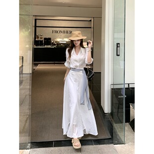 气质白色polo领短袖衬衫上衣女夏季时尚套装高腰半身裙长裙两件套