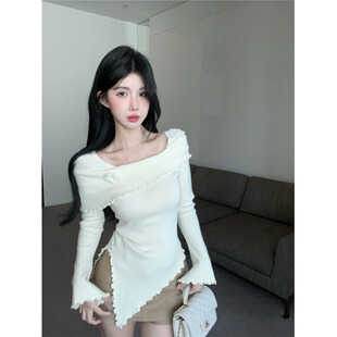 小香风花朵一字肩毛衣针织衫女秋冬设计感不规则开叉打底衫小上衣