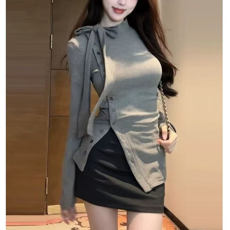 法式系带中领打底衫女秋冬加厚