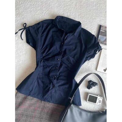 2025夏季新款藏青收腰短袖衬衫