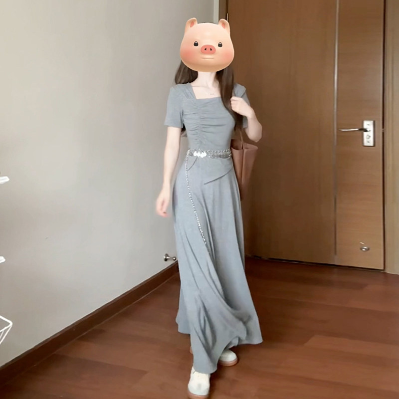 套装女夏季新款小众褶皱设计方领短袖T恤显瘦长款半身裙两件套