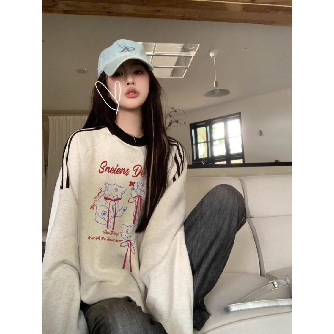 复古撞色三条杠套头卫衣