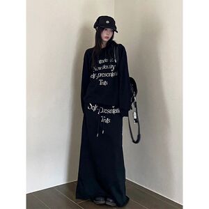 美式复古黑色卫衣+黑色半身长裙女2024年秋季新款韩版时尚套装潮