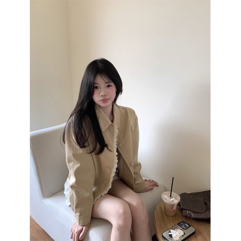 花边拼接翻领长袖夹克外套女