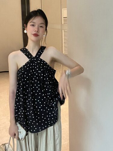 设计感波点挂脖雪纺吊带背心女夏季法式chic小众气质无袖外穿上衣
