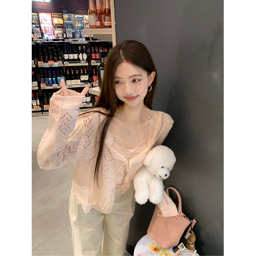 韩系甜美风蕾丝花边镂空长袖针织开衫内搭吊带背心女秋季两件套装