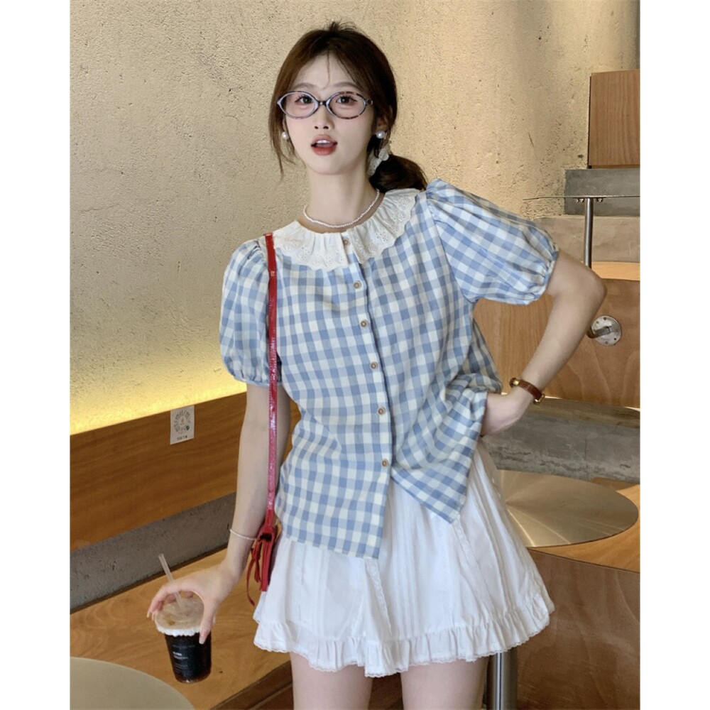 法式甜美格子花边领短袖衬衫