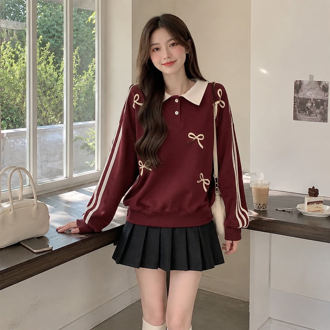学院风POLO领拼色卫衣女春秋