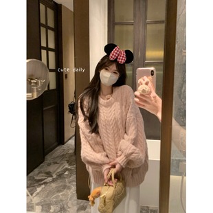 慵懒风粉色麻花针织毛衣女外套秋冬季2025新款韩系软糯高级感上衣